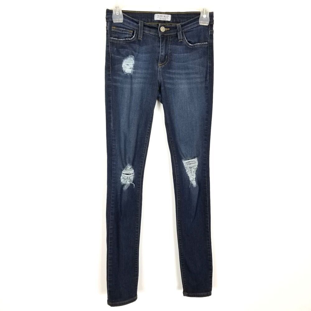 Jude Blue Women Mid Rise Skinny Dark Denim Jeans Sz 26 Distressed Stretch